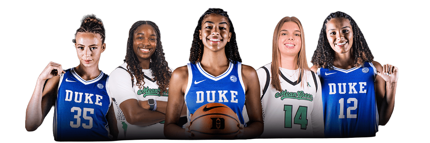 Five Duke and North Texas players standing together, one holding a basketball